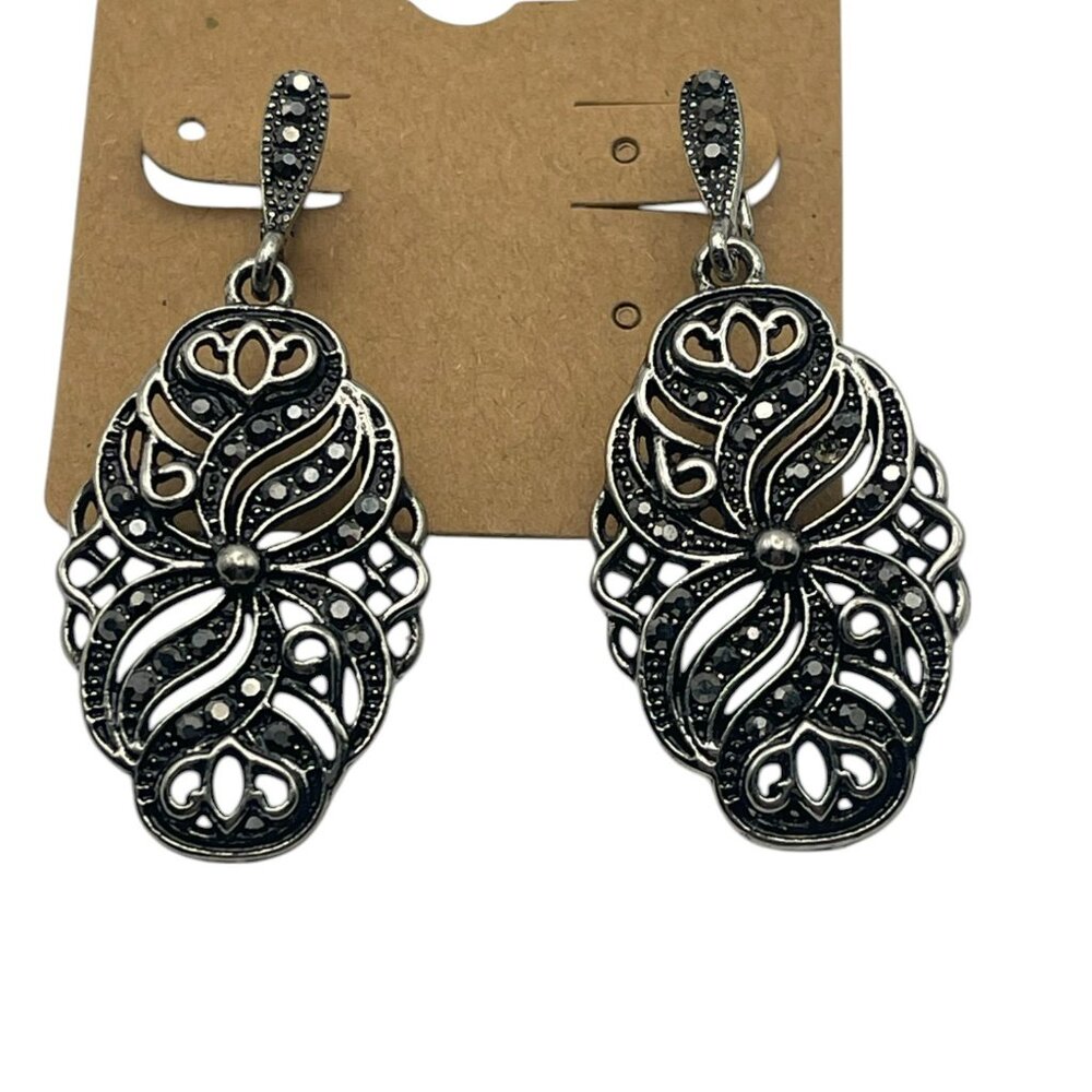 Vintage Jewelry Silver Tone Filigree Oval Marcasite Dangle Pierced Earrings